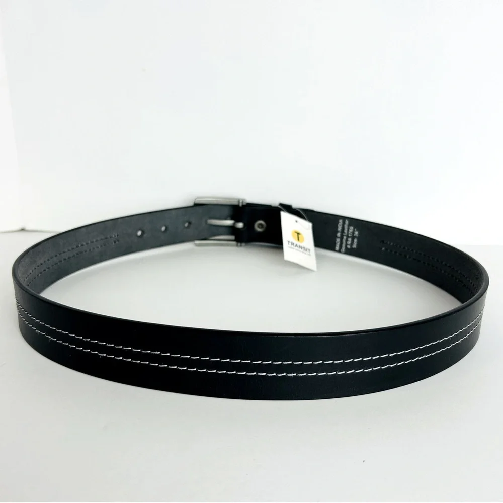 Transit Leather Belt Size 40 Black White Stitch Silver Tone Buckle Leather Jean